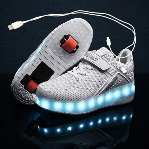 Детские кроссовки с колесиками, модная обувь для роликовых коньков, со светодиодной светильник кой, зарядка через USB, розовые