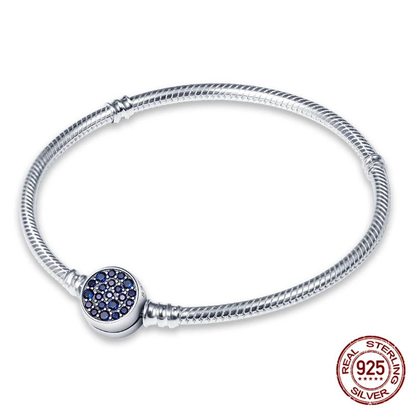

100% 925Sterling Silver Blue Round Zircon Bracelet For Suitable For Ladies' Original Beads&Charms Women Fashion Jewelry Gift