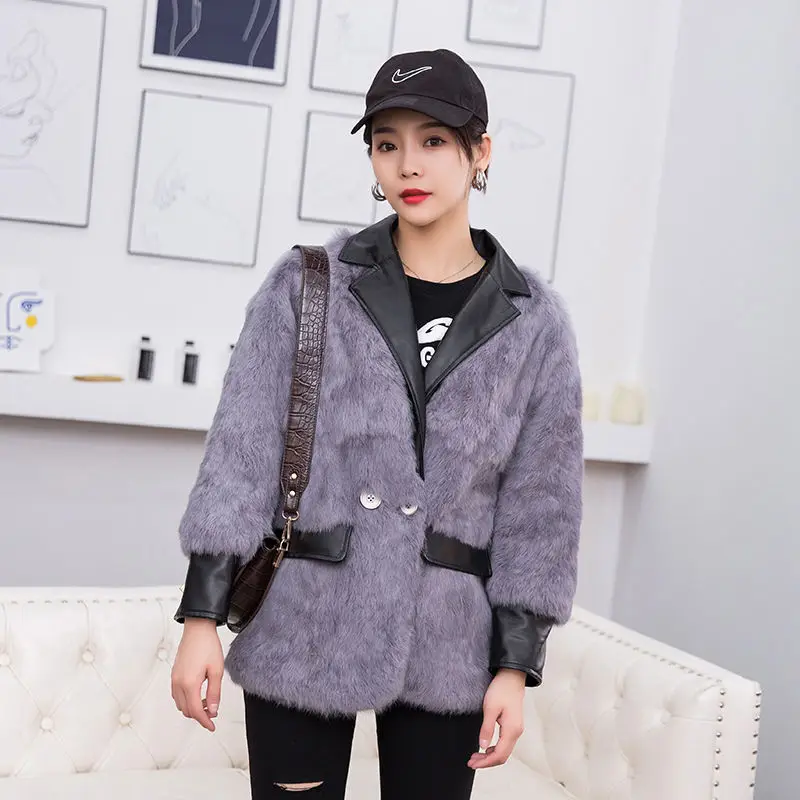

Women New Fashion Rabbit Fur Overcoat Female Turn-down Collar Covered Button Outcoat Ladies Thick Warm Fur Outercoats Y15