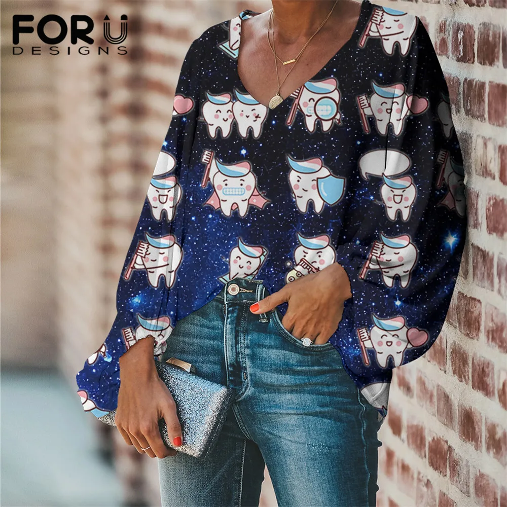 

FORUDESIGNS 2021 Spring Comfortable Blouses Womans Starry Sky Dentist Print Breathable Lady Long Sleeves Shirt Sexy V Neck Tops
