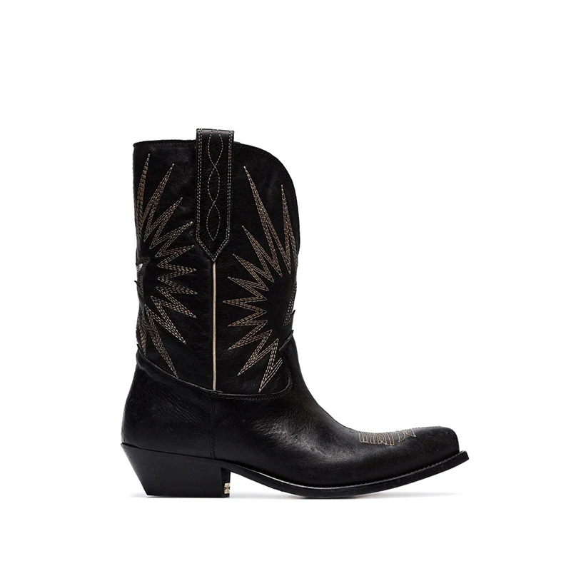 

Embroidered Pointed Toe Women Knight Boots Female Mid-tube British Trendy Boots Leather Thick Heel Western Retro Cowboy Boots
