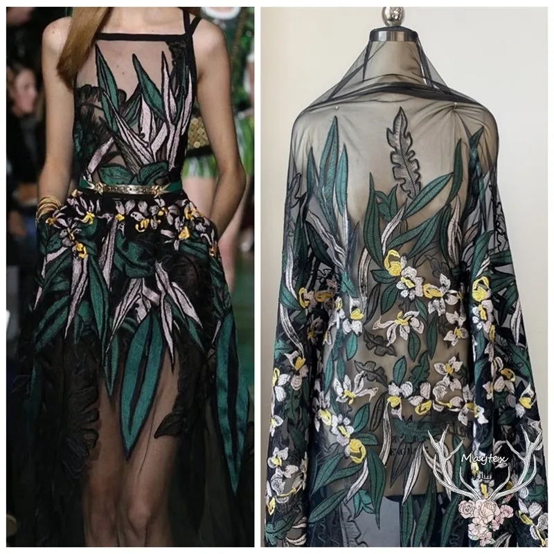 

Черное французское Сетчатое кружевное платье с вышивкой темно-зеленого цвета