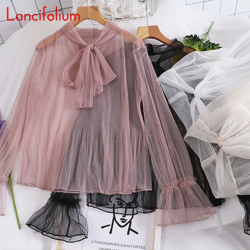 

White Ladies Fashion Sheer Tops Plus Size Bow Long Sleeve Lace Mesh Gauze Cottagecore Blouses Summer Women 2021 Casual Shirts