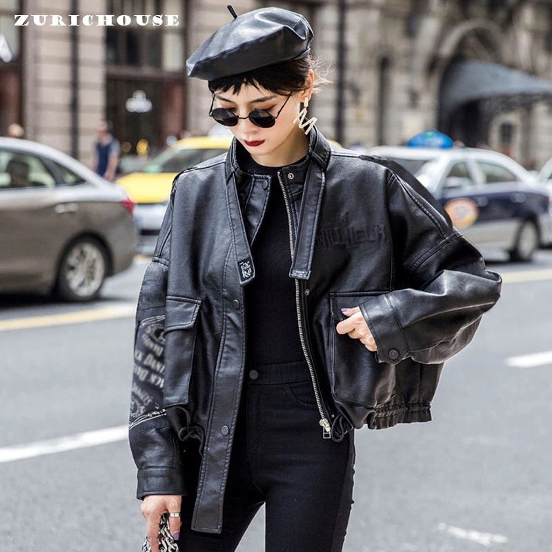 

ZURICHOISE 2021 Faux Leather Jacket Women Plus Size Fashion Patch Design Spring PU Coat Bat Sleeve Motorcycle Biker Jacket