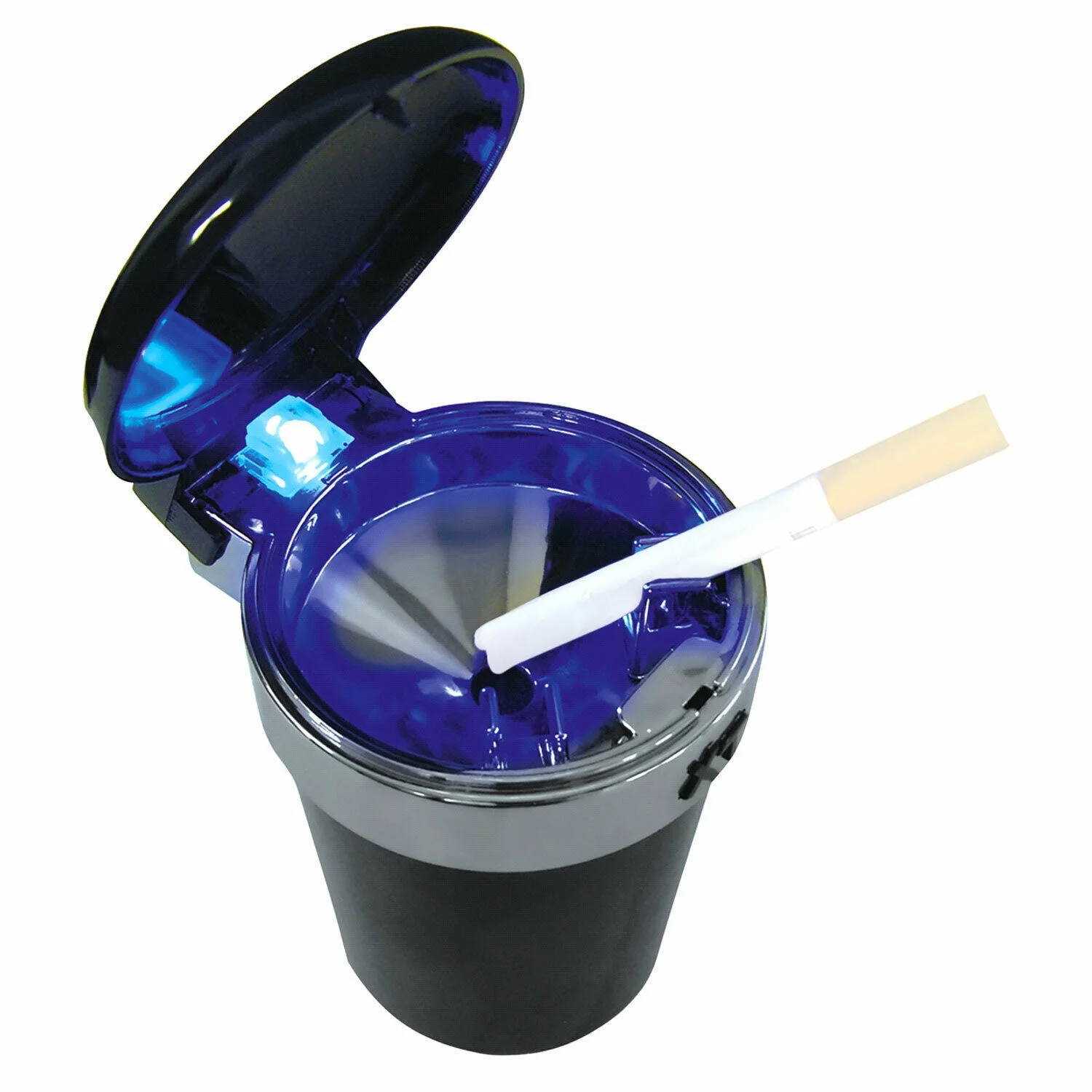 

LED illuminated smokeless car ashtray fits into the standard cup holder