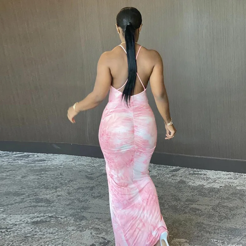 

Summer new tie dye print fit dress European fashion deep V-neck sleeveless women's Vest long skirt