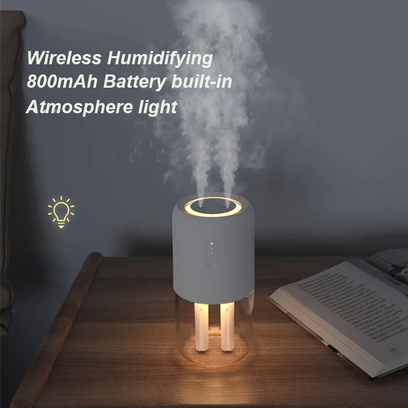 

Portable 300ml Humidifier Wireless Double Spray Humidifier Aroma Diffuser USB Ultrasonic Air Humidificador with Atmosphere Lamp