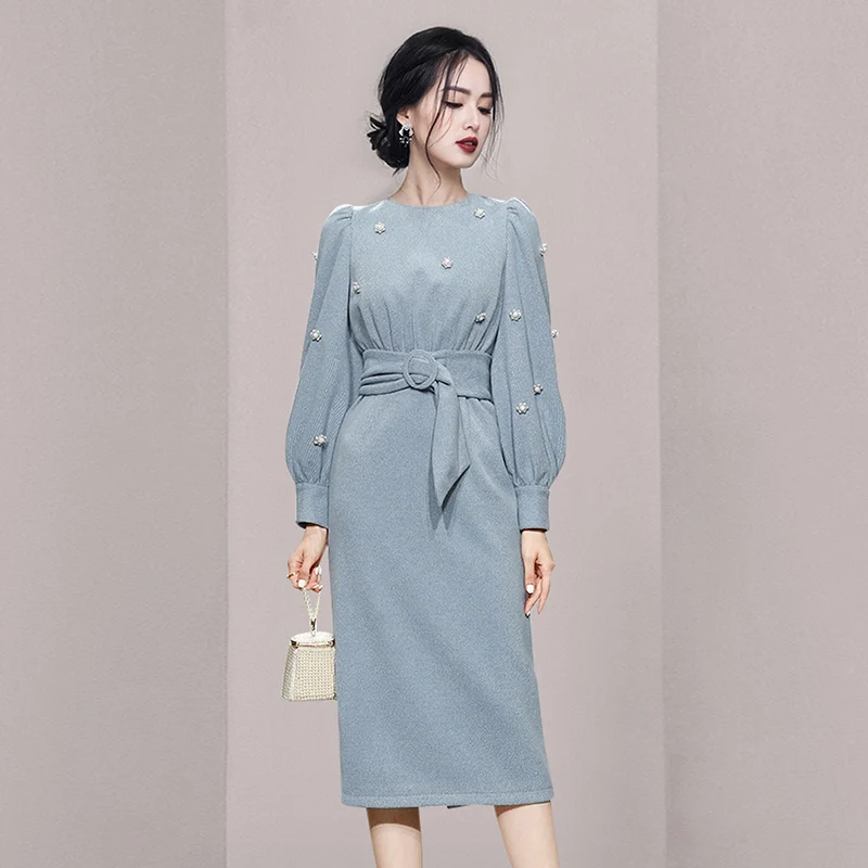 

Женское винтажное платье до колена, синее однотонное облегающее платье с жемчужными бусинами и поясом, элегантное платье в Корейском стиле на осень