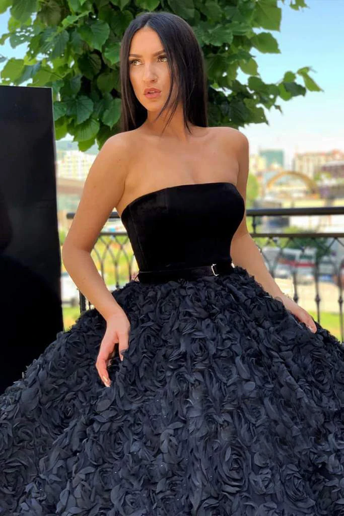 

Black Ball Gown Strapless Prom Dresses 2021 Sleeveless Floral Velvet Formal Evening Party Dress Lace-up Back vestidos de gala