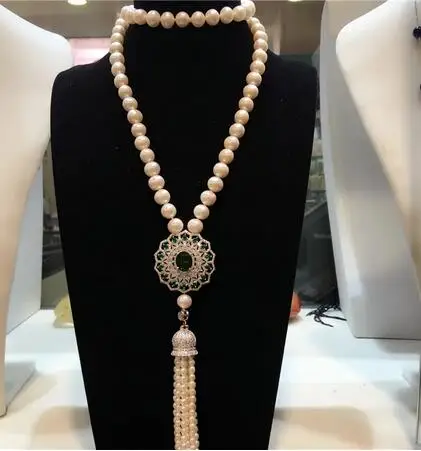 Handmade natural 8-9mm white freshwater pearl necklace long micro inlay zircon clasp sweater chain tassel fashion jewelry