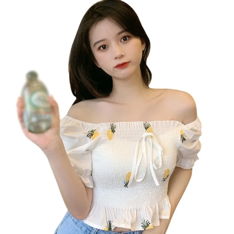 

Summer Shirts Women Square Neck Fruit Embroidery Sweet Slim Short Sleeve Ulzzang Korean Style Blouses