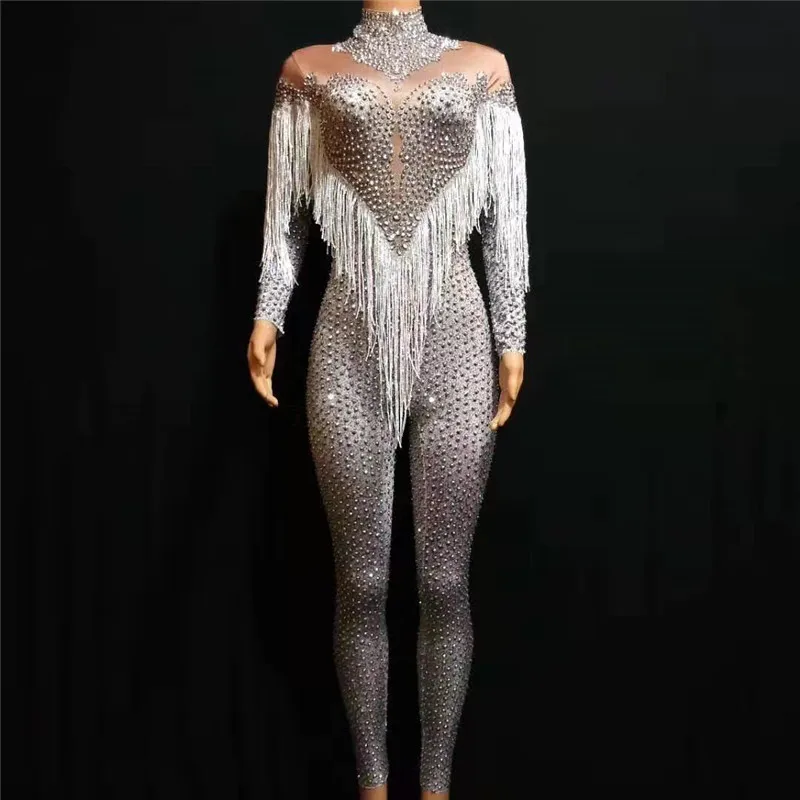 

T58 Female sexy rhinestone jumpsuit pole dance dress birthday party wears outfit stretch crystal leotard dance costume diamonds