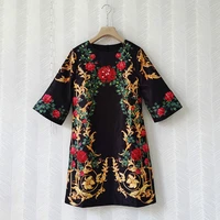 vintage dress woman autumn 20221 new round neck three quarter sleeves french style high quality print with diamonds a line dress