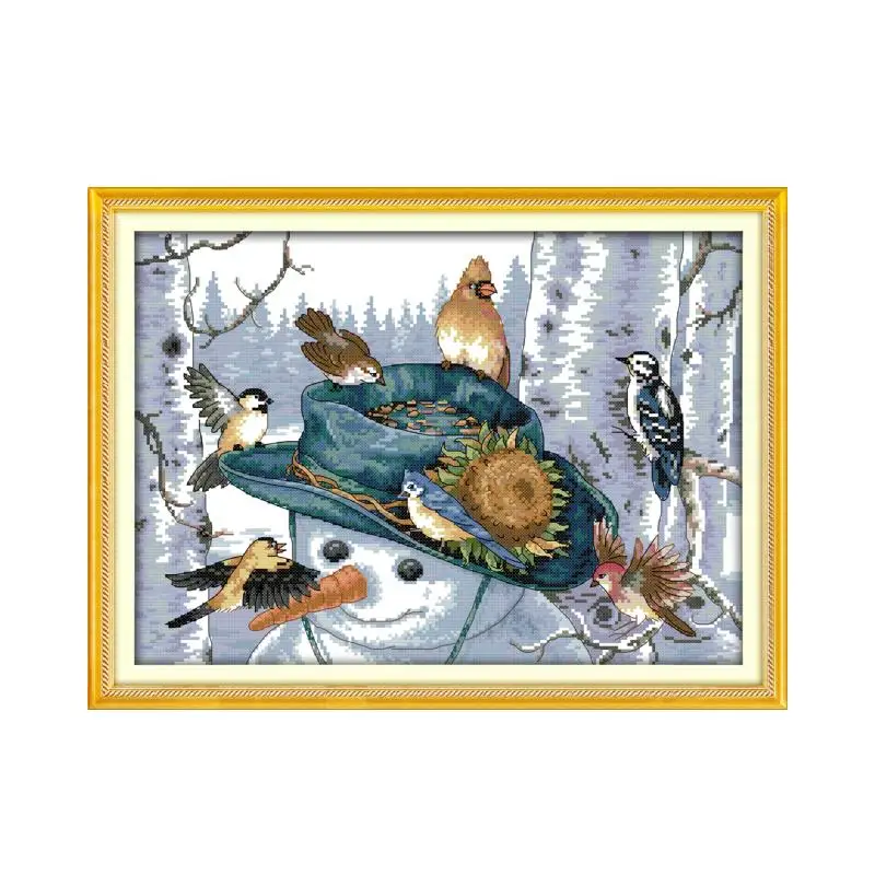 Набор для вышивки крестиком снеговик с птицей мультяшный 14 карат 11 ручная работа