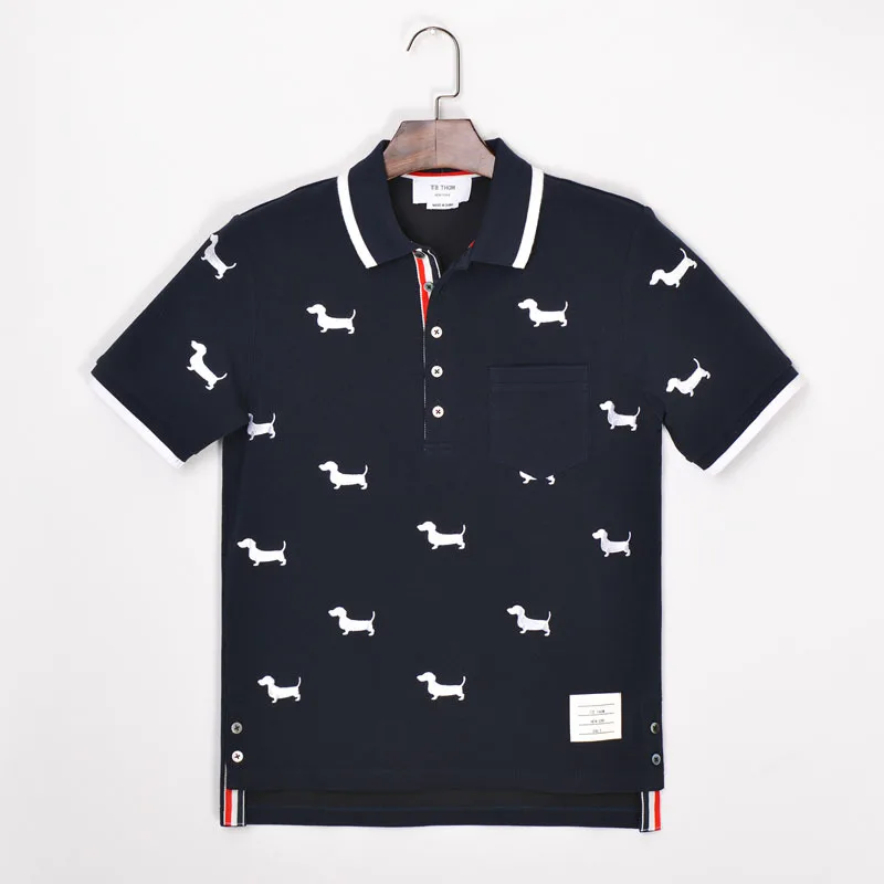 

TB THOM 2021 dog embroidery short sleeve polo shirts with pocket turn down collar cotton casual polo shirts male gray blue