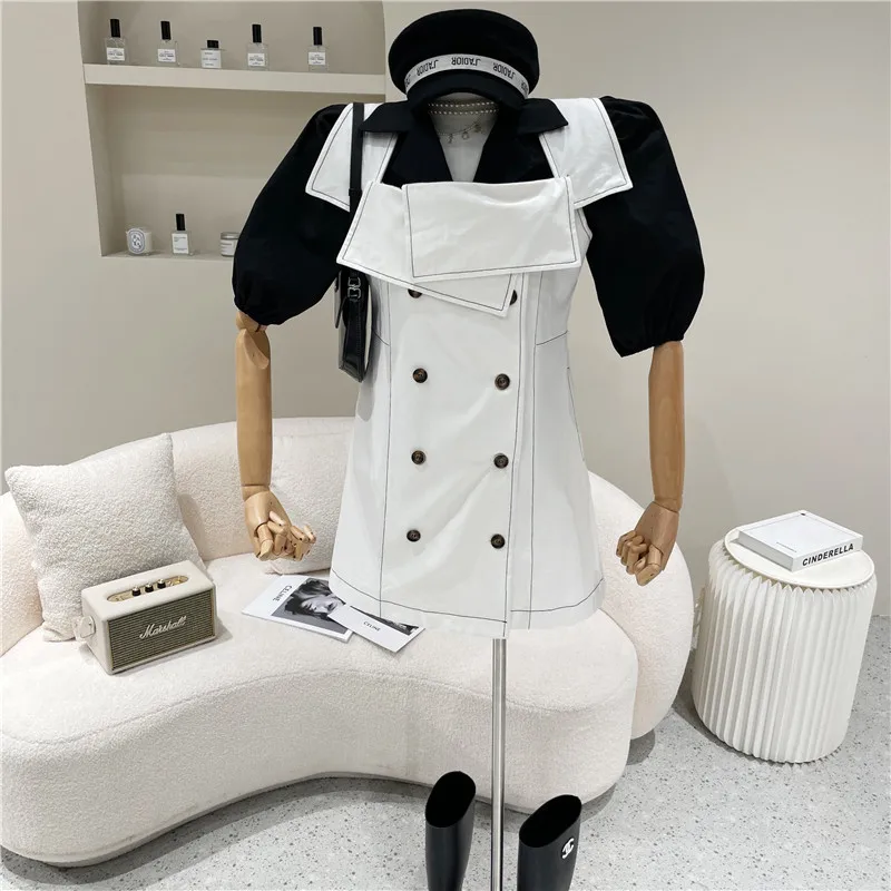 

Two Piece Set Women's Spring Summer 2021 Niche Design Fashion Breasted Vest Dress + White Short Sleeve Shirt