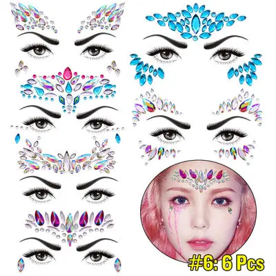 

6 Pcs Adhesive Temporary Tattoo Stickers Face Jewels Festival Party Body Gems Rhinestone Glitter Flash Tattoos Stickers Make Up