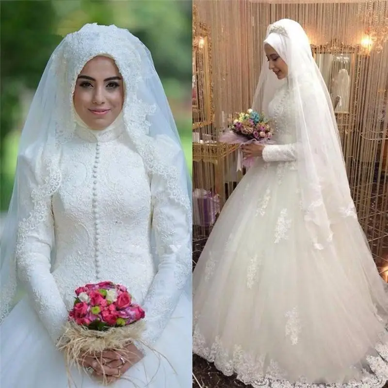 

Arabic Bridal Gowns Islamic Long Sleeves High Collar Lace Muslim Wedding Dresses Arab Ball Gown Lace Marraige Gowns