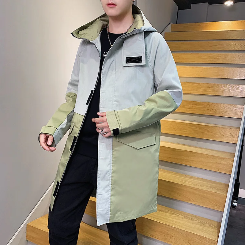 

2020 Men's Contrasting Windbreaker Long Jacket Outwear Hooded Outwear Mid-length Trench Coat Plus size M-8XL