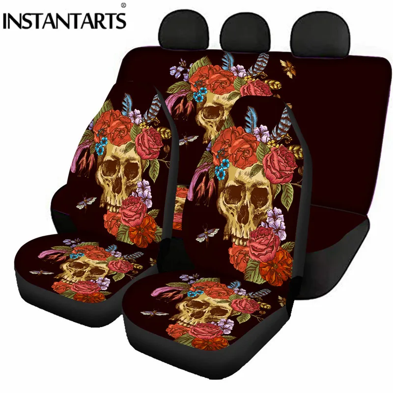 

INSTANTARTS 4Pcs/Set Car Interior Seat Covers Sugar Skull Rose Print Comfortable Auto Seat Protector for Car Seat Gothic Design