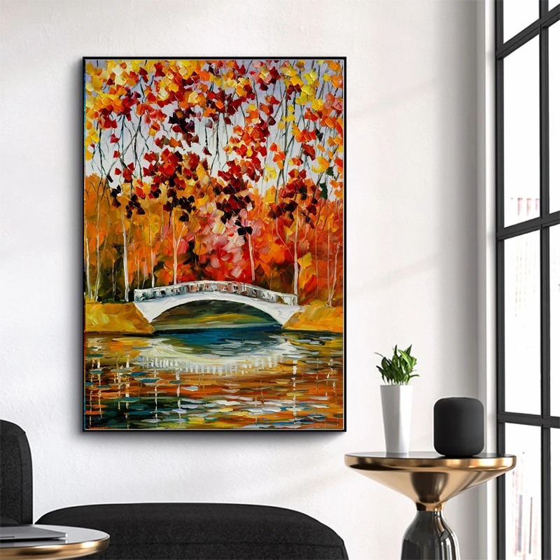 

Canvas Painting Landscape Posters and Prints Colorful Oil Painting Fall Leaves Rain for Living Room Decor Wall Art