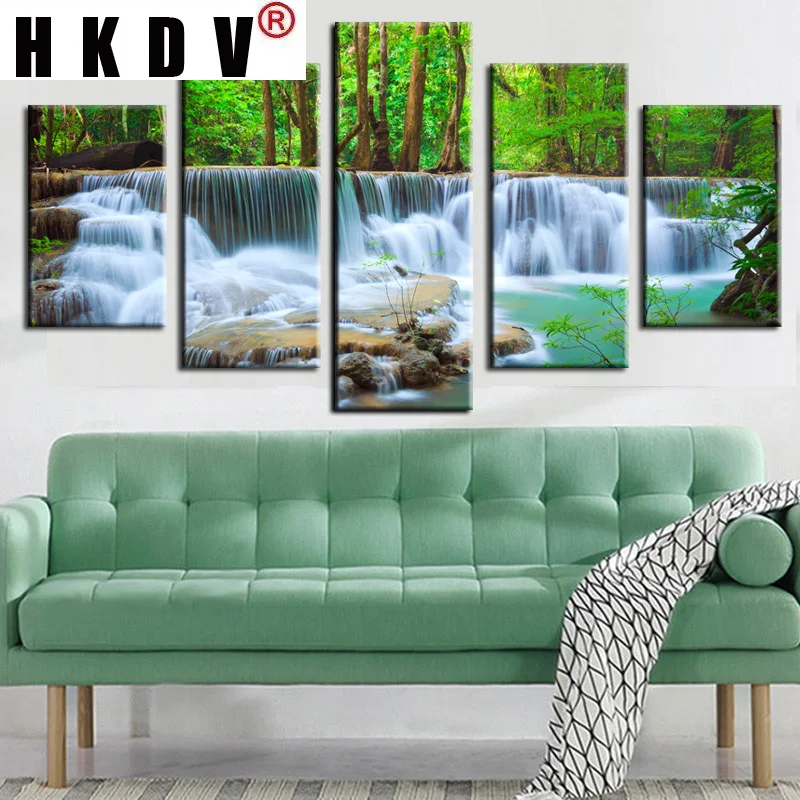 

HKDV 5 Panel Canvas Art Waterfall Forest Trees Rocks Modular Wall Picture Canvas Painting for Living Room Cuadros Home Decor