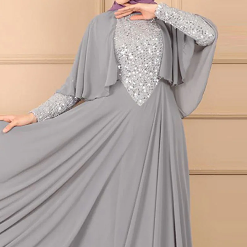 

Fashion Islamic Ramadan Chiffon Shawl Long Sleeve Sequin Retro Dress Arab Muslim Women Dress Turkish National Style Dress