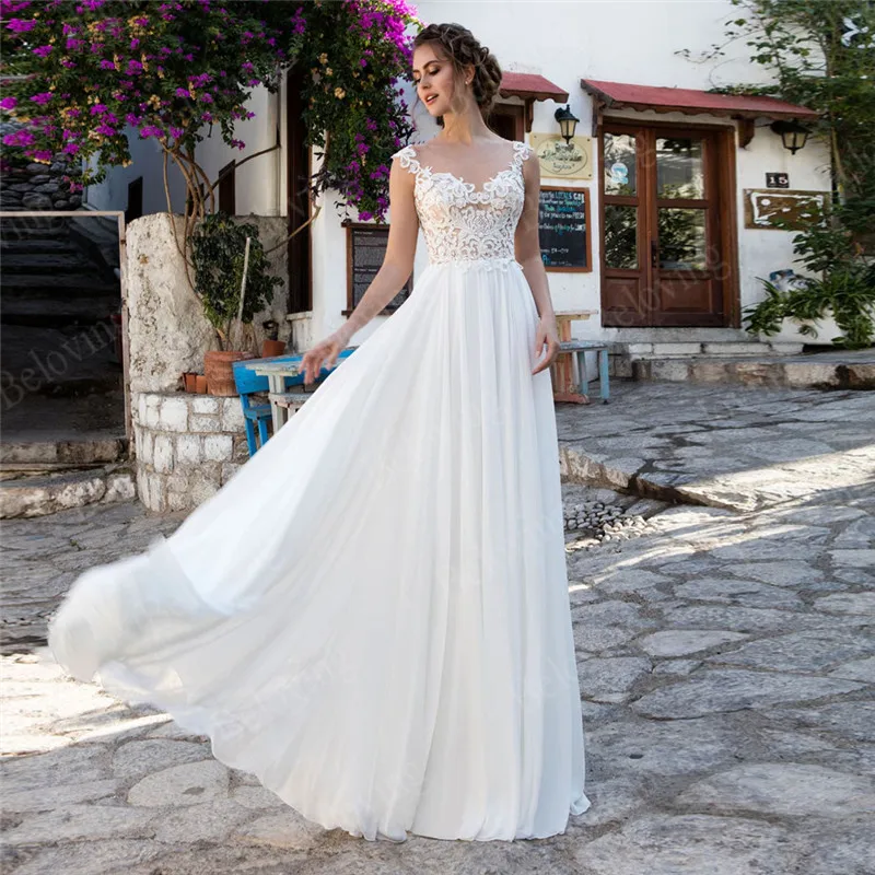 

Beach A Line Wedding Dresses Lace Appliqued Chiffon Bride Gowns Boho 2021 Sleeveless Button illusion Vestido De Noiva Bridal