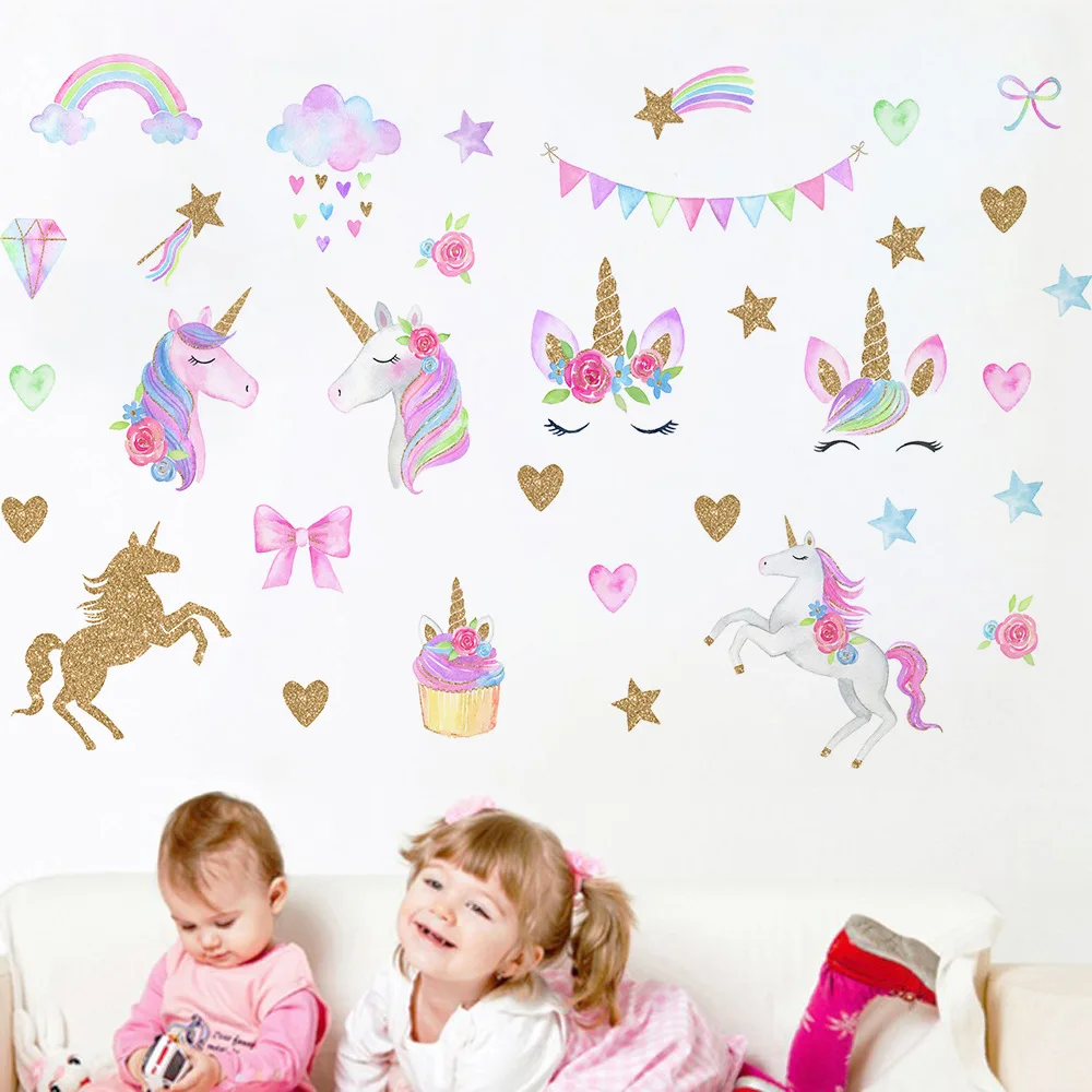 Милые Мультяшные наклейки на стену из ПВХ с изображением золотого единорога