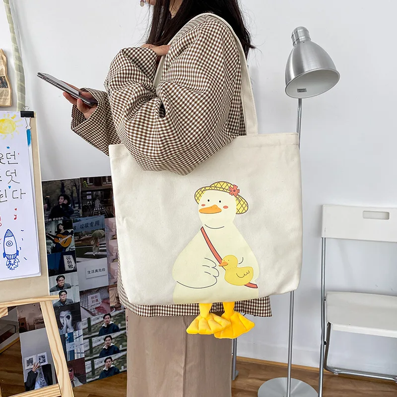 

Casual Shopper Bag Women 2020 New Cartoon Duck Print Tote Bag For Women Canvas-Bag Shoulder Bags Womens Bolsa Feminina
