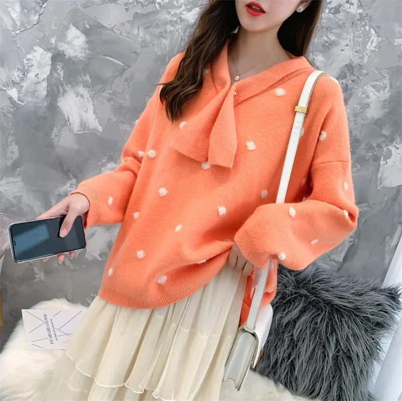 H.SA Women Winter Sweaters Long SLeeve Crew Neck Pink Pullover and Sweater Polka Dots Bow Sweaters Kawaii Knitwear Tops
