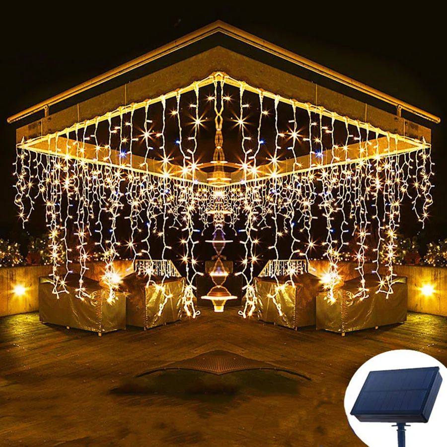 

300LED Solar Curtain String Lights 3X3M LED Fairy Garland Lights 8 Modes Christmas Icicle Light For Patio Wedding Backdrop Xmas