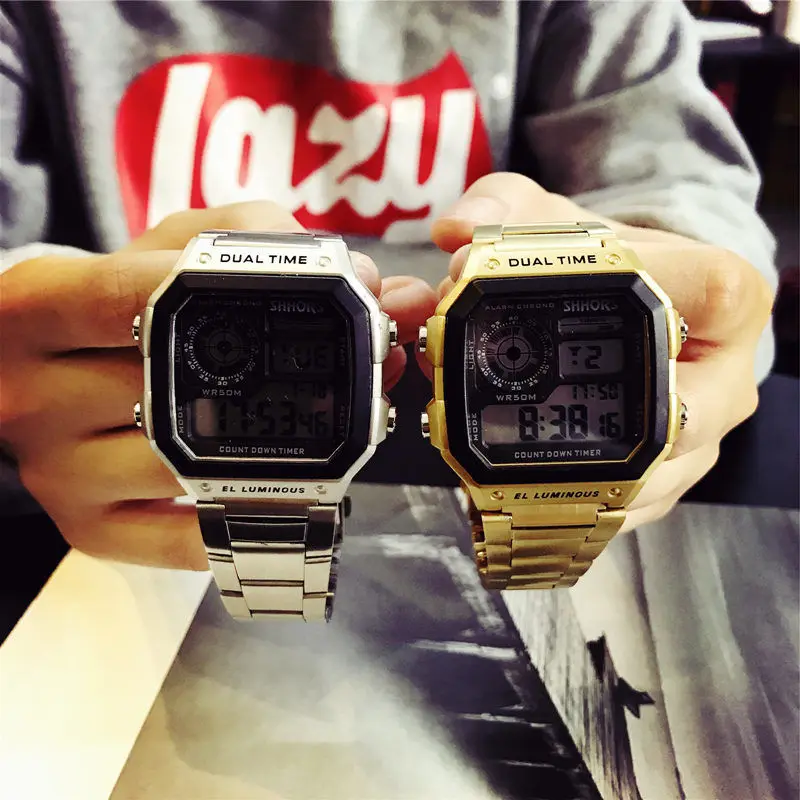 Цифровые часы мужские спортивные квадратные наручные полностью из нержавеющей