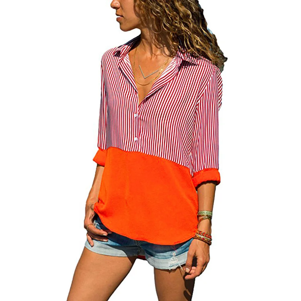

Autumn Cassic Elegant Shirt Ladies Costume Top Women Blouse Female Womens Top Striped Spliced Turn-down Collar