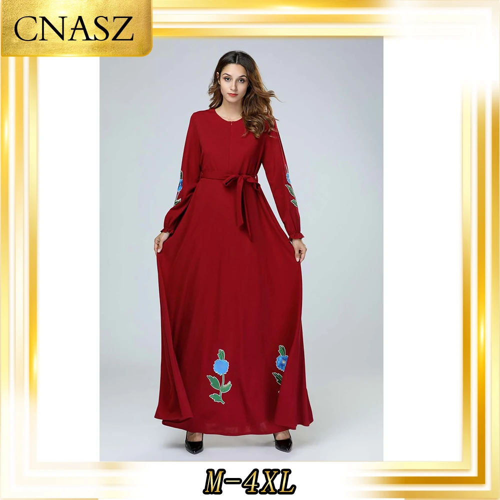Длинная мусульманская юбка Abaya Турецкая Свободная с вышивкой и длинными рукавами