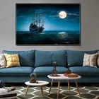 Пейзаж на холсте Луна, постер с принтом корабля и морского берега, настенное художественное украшение для гостиной