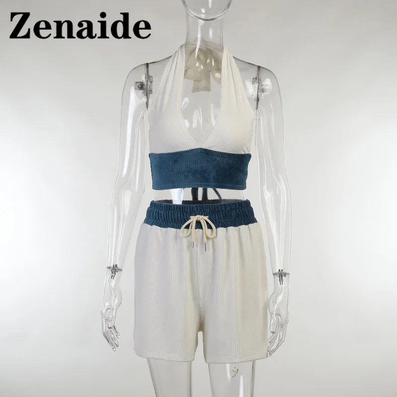 

Zenaide Summer Casual Tracksuit Women Two Pieces Set Sexy Sleeveless Halter Neck Backless Crop Tops And Mini Shorts Suits