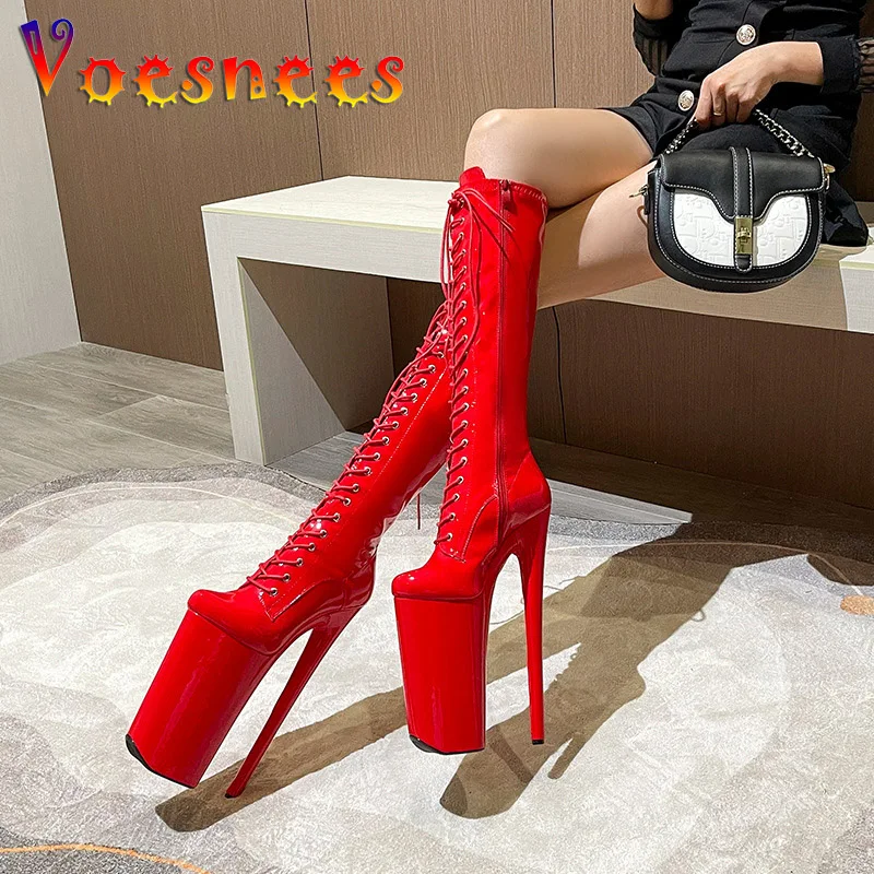 

Туфли женские до колена на очень высоком каблуке 26 см, пикантные туфли для ночного клуба, для фетиша, лакированная кожа, на платформе, с перекрестной шнуровкой