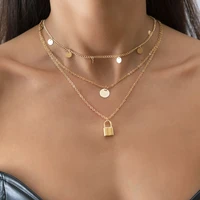 boho multilayer round sequin padlock pendant necklace women vintage gold color metal clavicle necklaces girls fashion jewelry