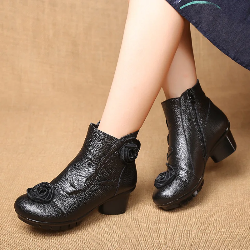 

CEYANEAOChinese style handmade genuine leather boots women martin winter shoes mid heel side zipper applique fashion boots women