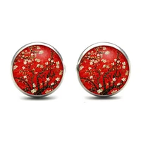 van gogh red painting earrings jewelry flowers bronze glass cabochon flower stud earring women jewellery wholesale