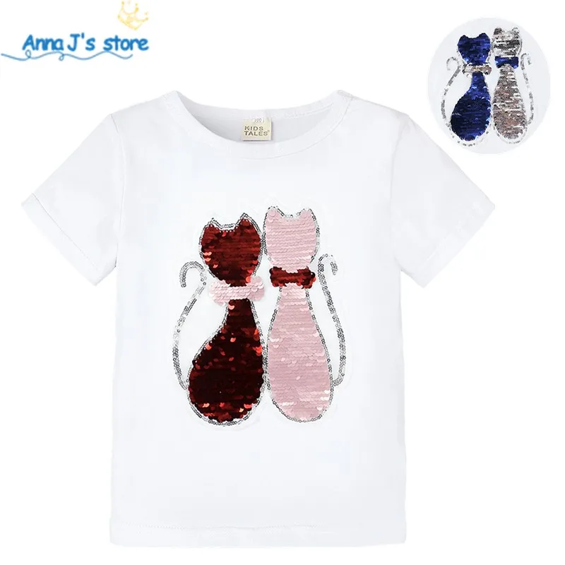 Летние футболки для девочек меняющие цвет блестящие с блестками и котом детские