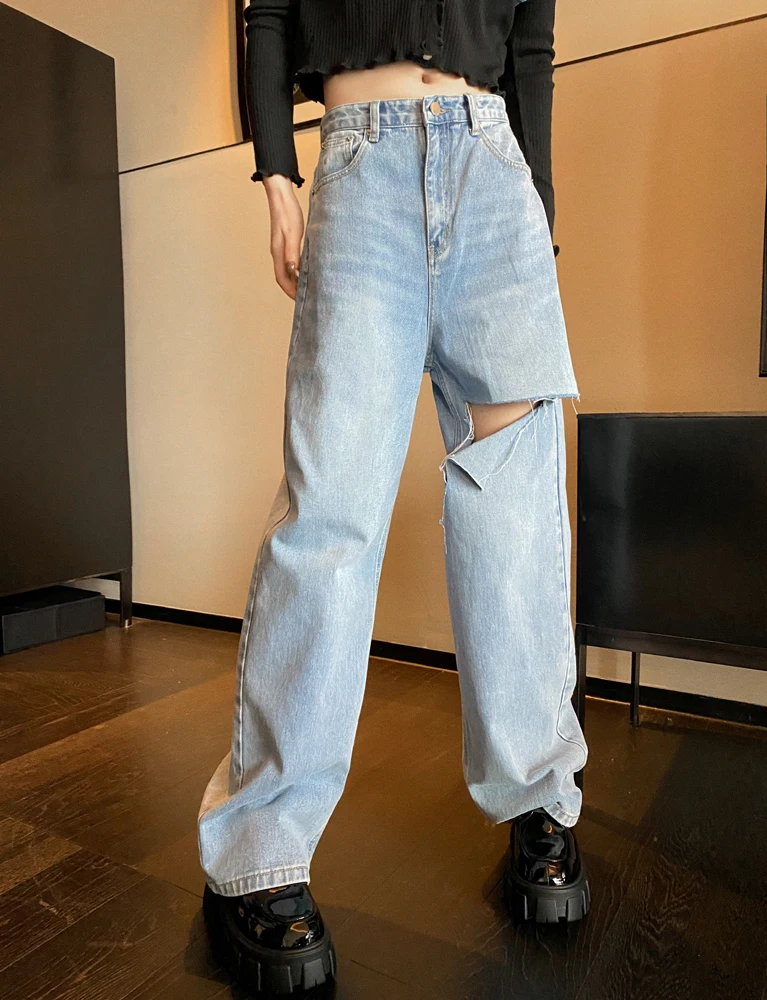 

Woman Jeans High Waist Clothes Wide Leg ripped Denim Clothing Women's pants Blue Streetwear Vintage Quality summer 2021