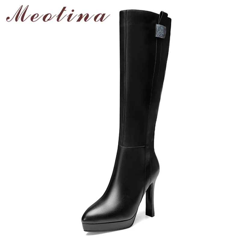 Meotina/зимние сапоги до колена Женские высокие из натуральной кожи на квадратном