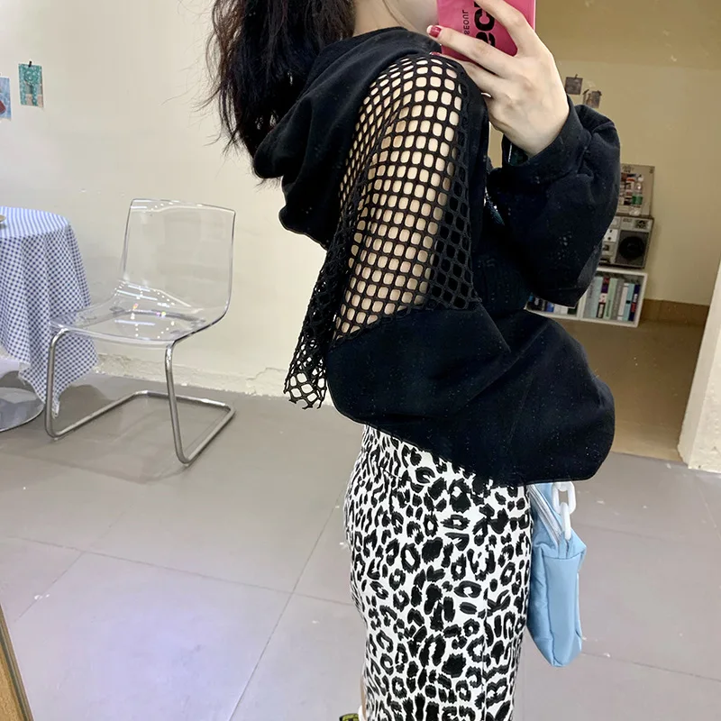 

GothGotik Black Hallow Out Hoodies For Woman Gothic Style Punk Super-Short Top Street Wear Summer Blue