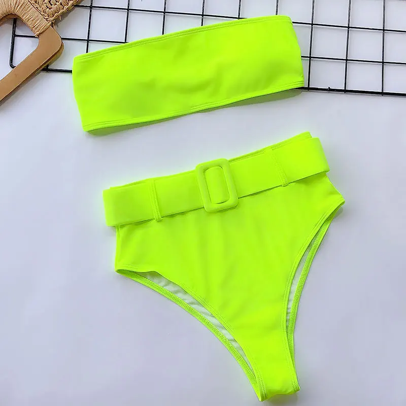 

2020 High waist Brazilian neon bikini Belt swimwear women Bandeau swimsuit female Push up bathing suit Summer bathers biquini