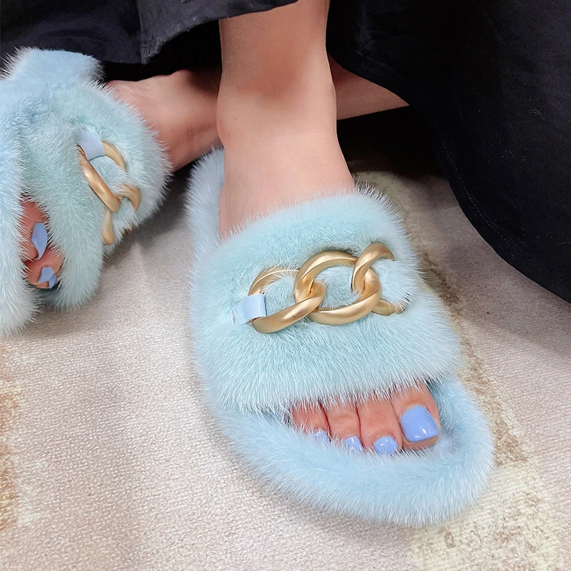 Fluffy Slippers Mink Fur Slides Ladies Chain Luxury Fur Winter Shoes Woman Indoor Flats Flip Flops Real Mink Fur Female Shoes