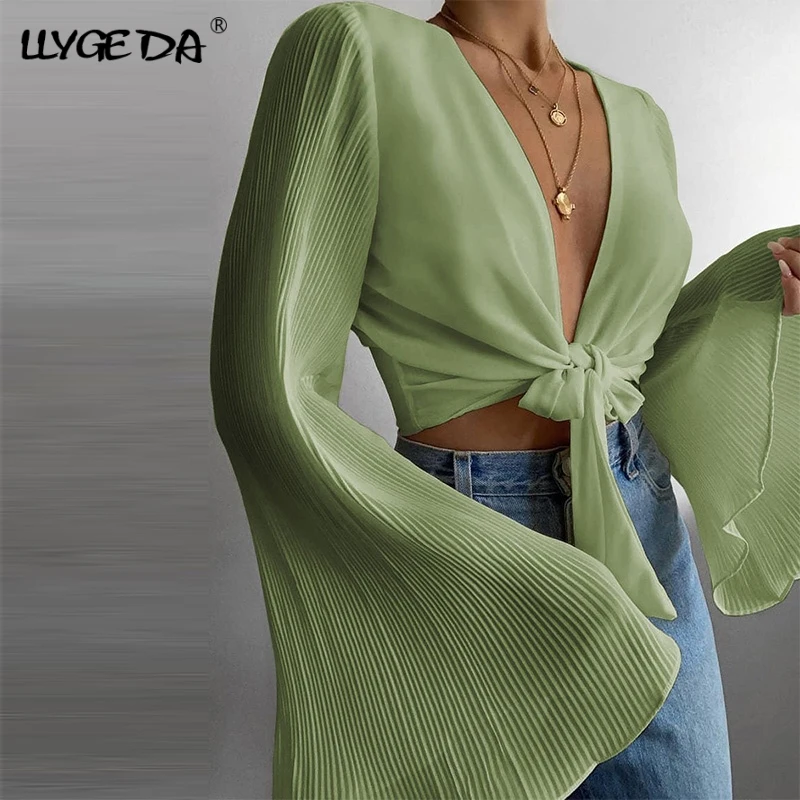 Женская блузка с широким рукавом и глубоким v образным вырезом однотонная