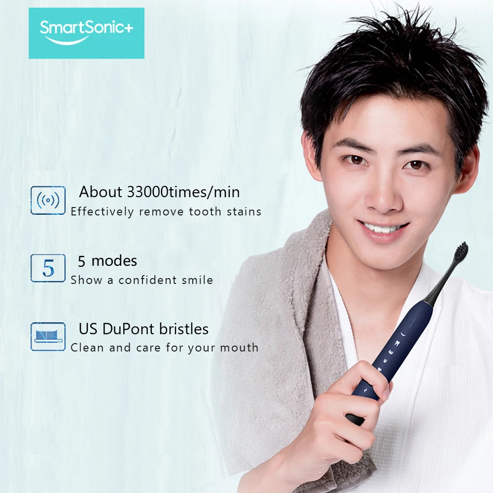 SmartSonic Waterproof Sonic Electric Toothbrush USB Rechargeable Tooth Brush Ultrasonic with 2 Heads | Бытовая техника