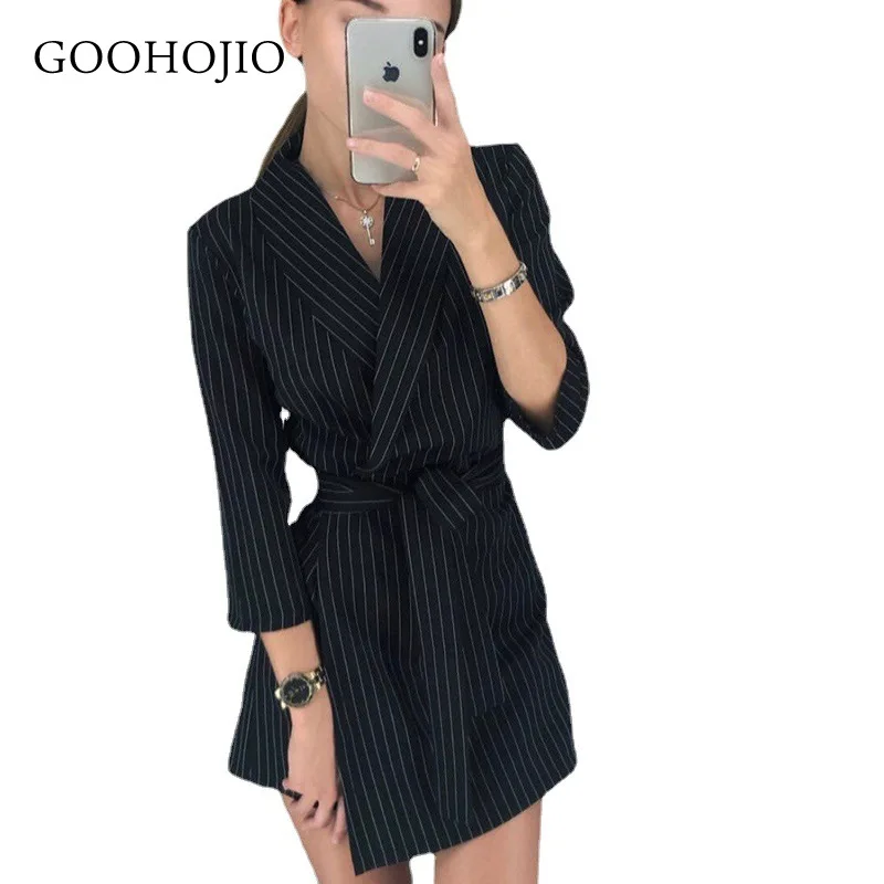 

GOOHOJIO 2021 Spring Autumn New Streetwear Casual Dresses Women Temperament Dresses Ladies Solid Color V Neck Belt Women Dress